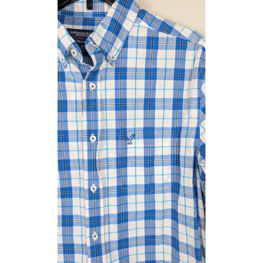 American Eagle Outfitters Prep Fit Blue Plaid Button Down Shirt Med Long Sleeve